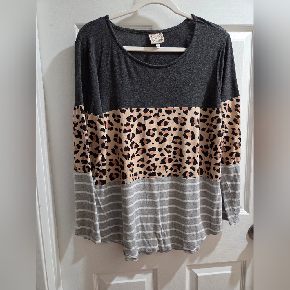Truself Colorblock Leopard & Striped Long Sleeve Top